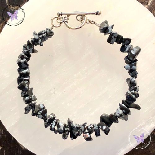 Snowflake Obsidian Chip Healing Bracelet With Silver Toggle Clasp